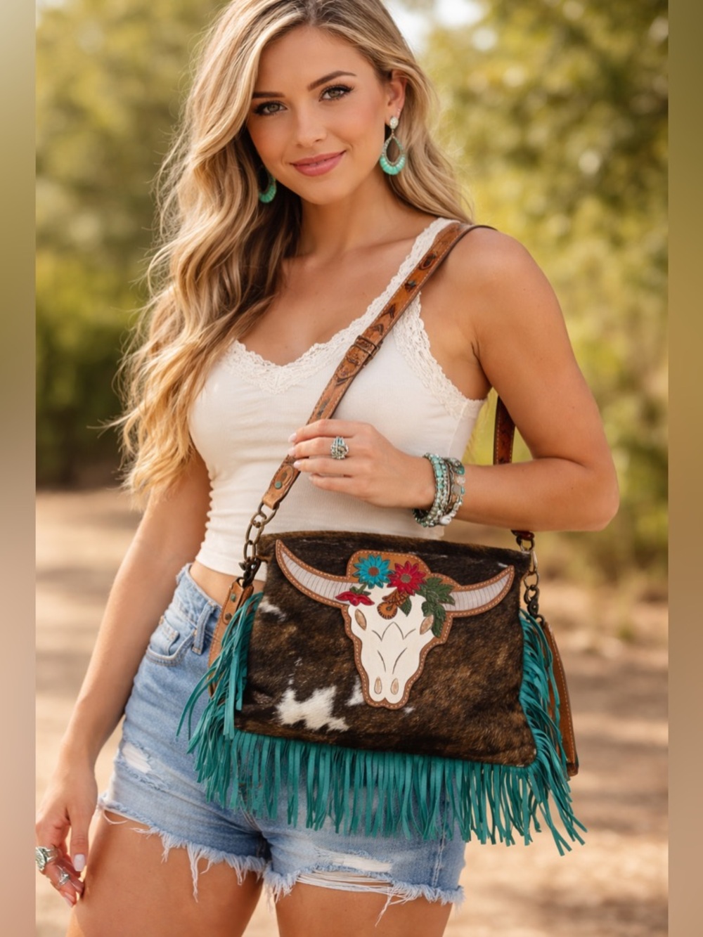 American darling Cowhide Crossbody w/ floral Longhorn Appliqué Teal Fringe